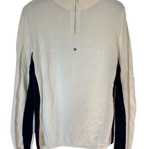 Tommy Hilfiger Sweater Women's Large White Ribbed 1/4 Zip Mock Neck Embroidered